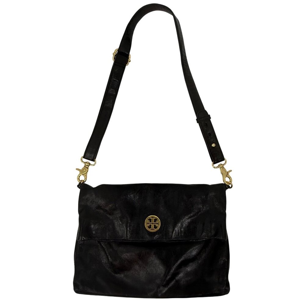 Tory Burch Black Leather Fold-Over Adjustable Strap Gold Tone Logo Crossbody Bag - Picture 1 of 16